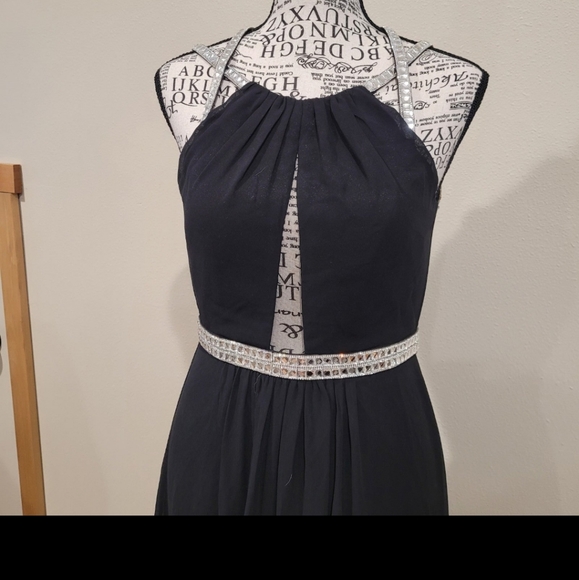Formal Gown event Dress Women Size Sm. BLACK rhinestone halter straps by MINUET - Picture 5 of 12